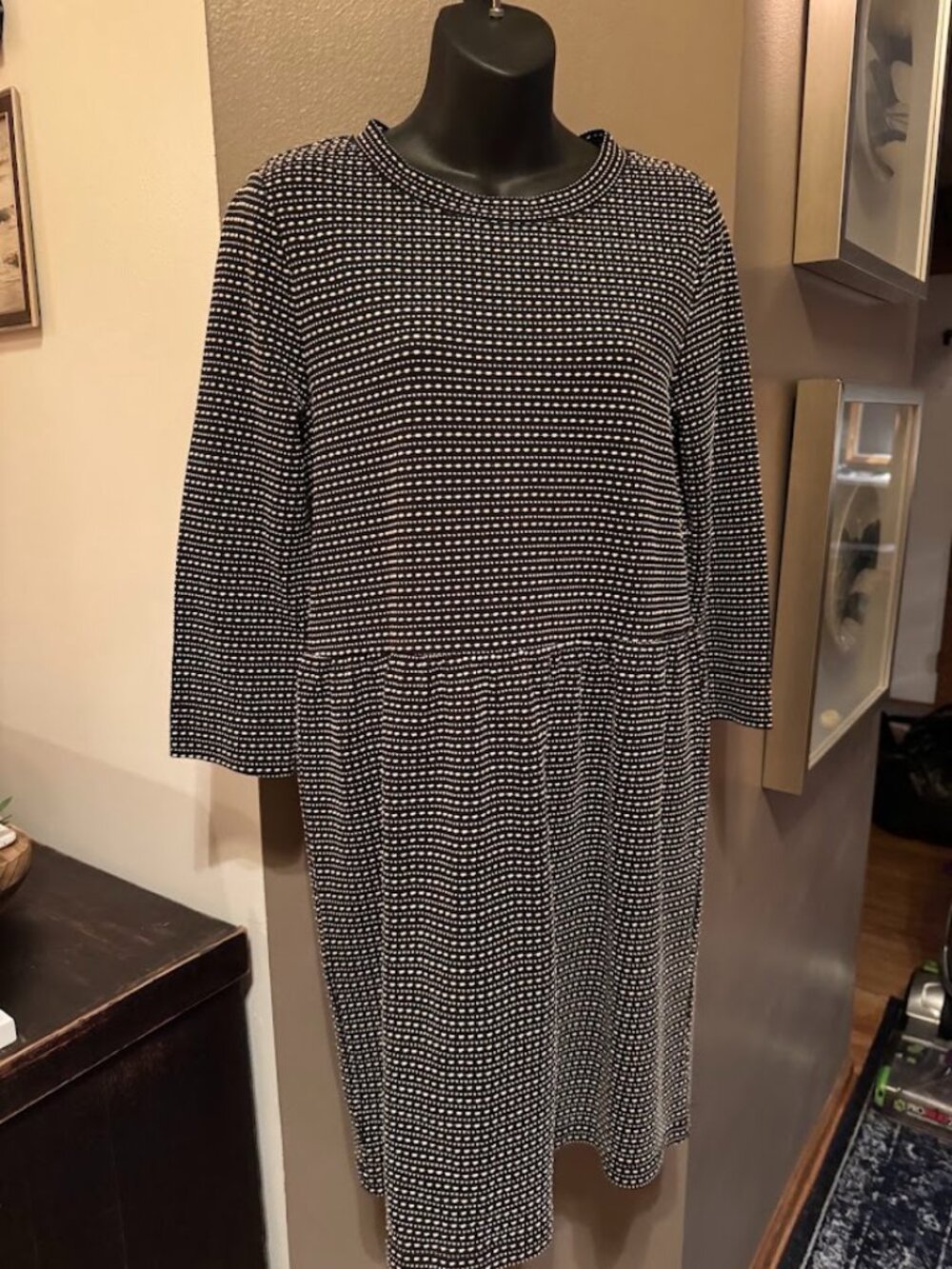 LOFT Black & White Textured Knit 3/4 Sleeve Fit & Flare Dress XS